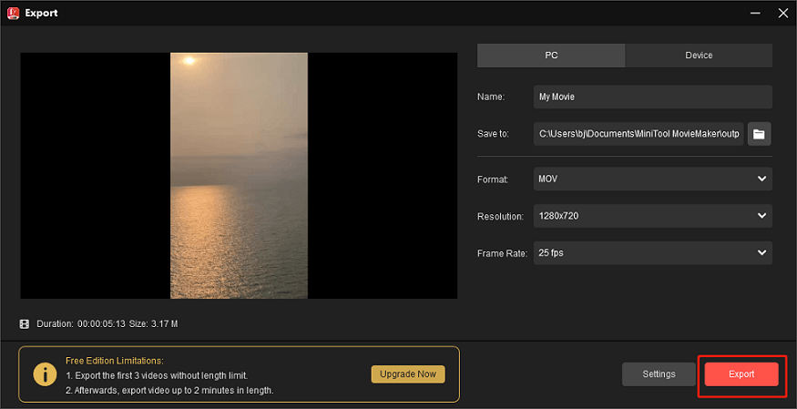 Click the Export button to start compression in MiniTool MovieMaker
