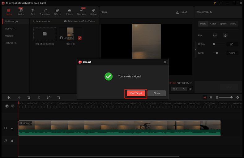 Click the Find Target button in MiniTool MoiveMaker to locate the compressed file