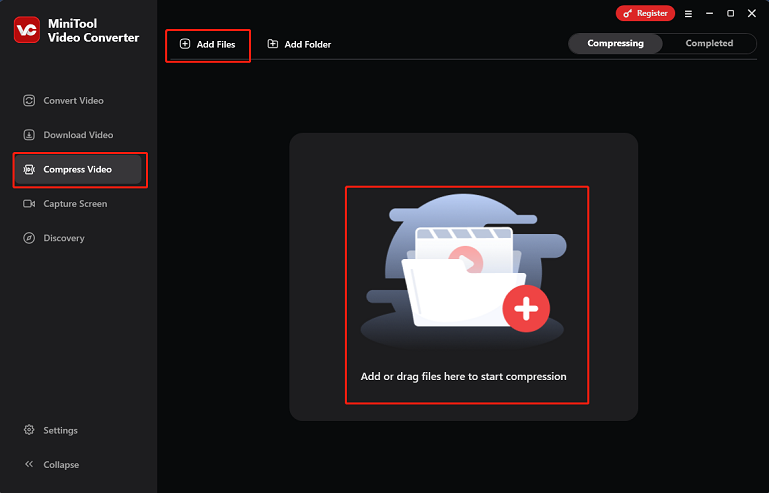 Go to the Compress Video section and click the Add Files button to import the video you want to compress in MiniTool Video Converter