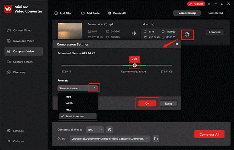 Choose the desired output format and output file size in MiniTool Video Converter’s Compression Settings window