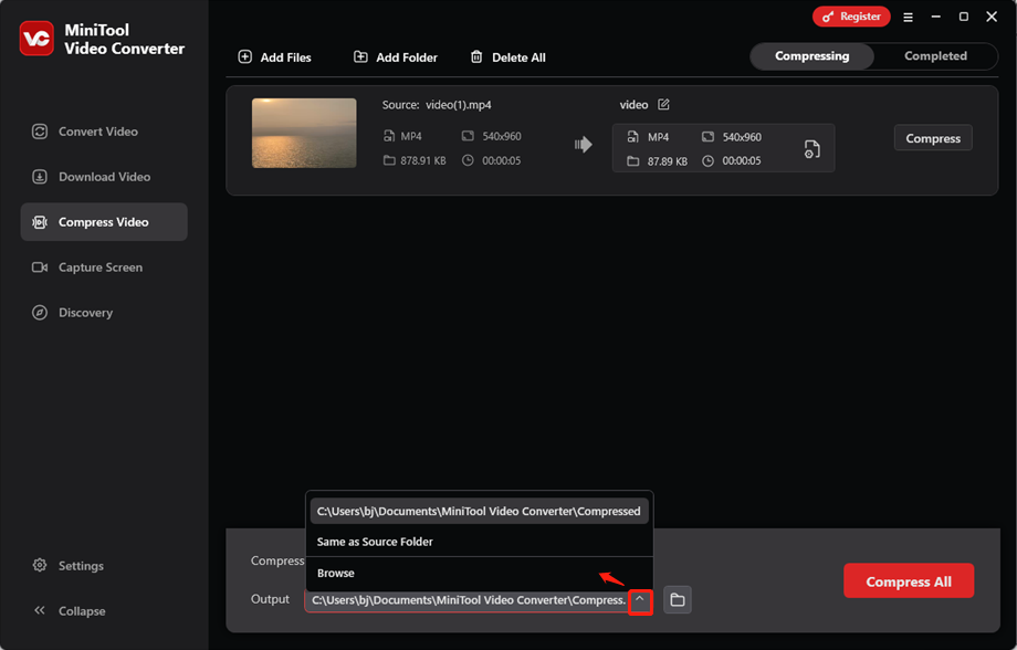 Open the Output option at the bottom and choose a save path in MiniTool Video Converter