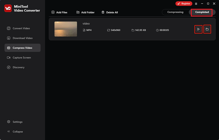 In MiniTool Video Converter, click the Play icon to view the video or click the Folder icon to locate it