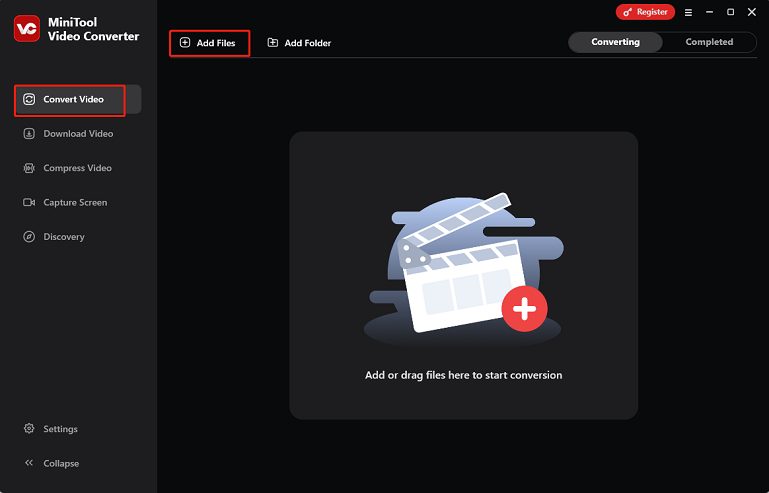Switch to the Convert Video section and click the Add Files button to import the video you just compressed in MiniTool Video Converter for format conversion