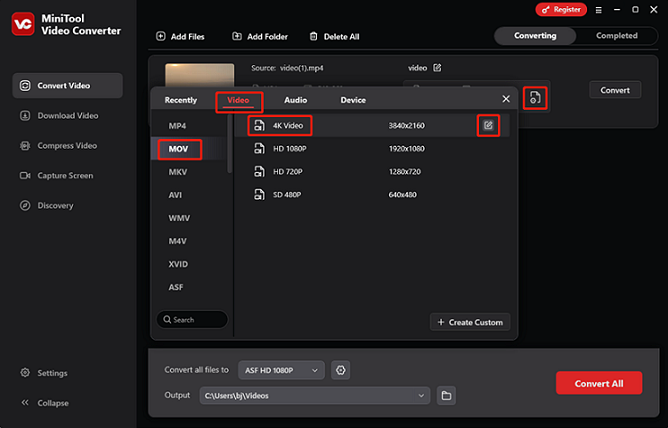 Select MOV 4K Video as the output format in MiniTool Video Converter