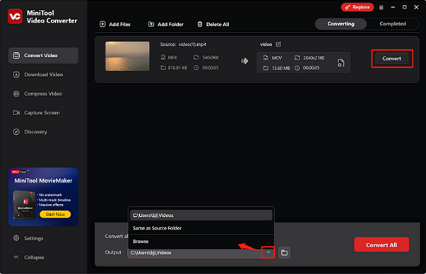 Expand the Output option at the bottom to choose the output save path and click the Convert button to start the conversion in MiniTool Video Converter