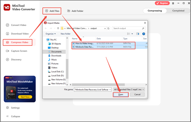 Switch to Compress Video, click on Add Files to choose videos, and click on Open to import them to MiniTool Video Converter