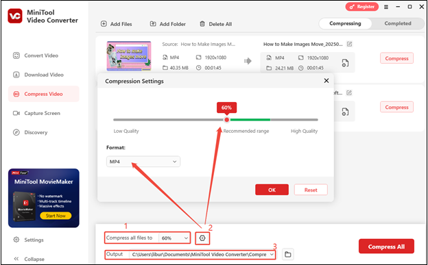 Expand Compress all files to to choose a compression percentage, or click on settings to customize other compression settings, and click on Output to set the save position in MiniTool Video Converter