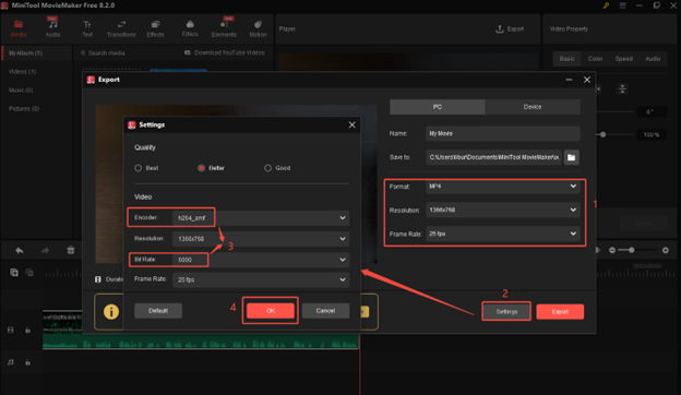 Choose MP4 format, select a low resolution and frame rate, or click on Settings to customize more compression settings, then click on OK to save the video output settings in MiniTool MovieMaker