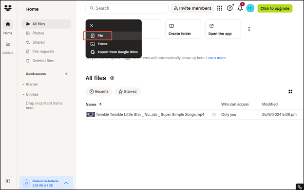 Click on Upload or drop and click on File to upload the video to Dropbox