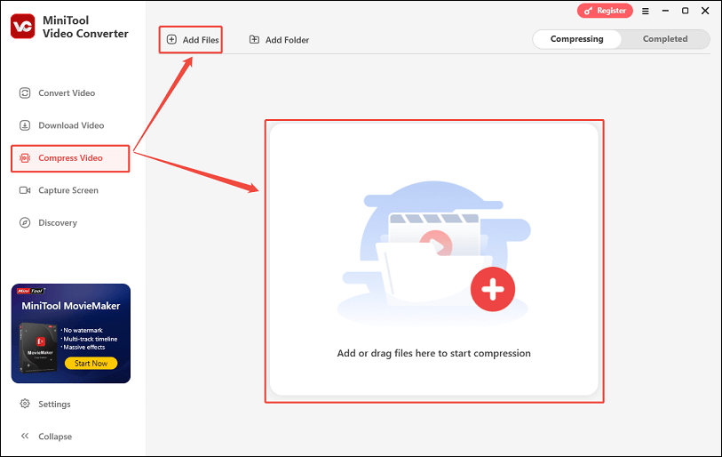 Navigate to Compress Video and import the video by clicking anywhere within the Add or drag files here to start compression box, or clicking Add Files in MiniTool Video Converter