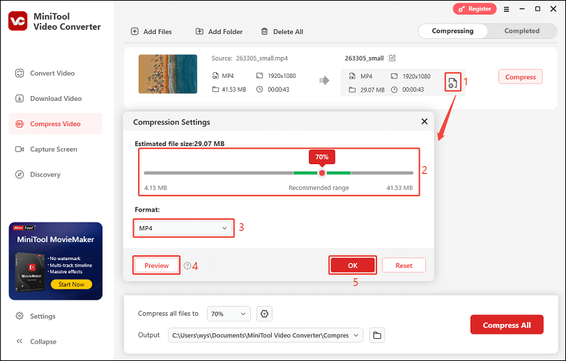 Click the settings icon to open the Compression Settings window and customize the compression settings in MiniTool Video Converter