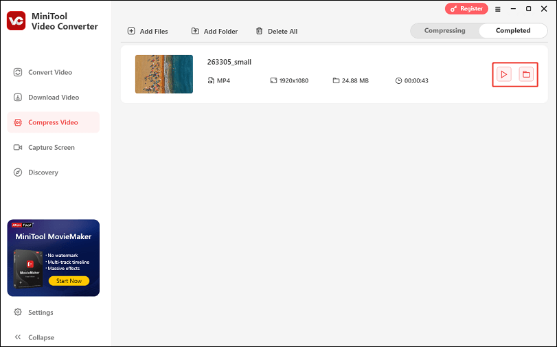 Click the play icon to play the compressed video or click the folder icon to locate the file in MiniTool Video Converter