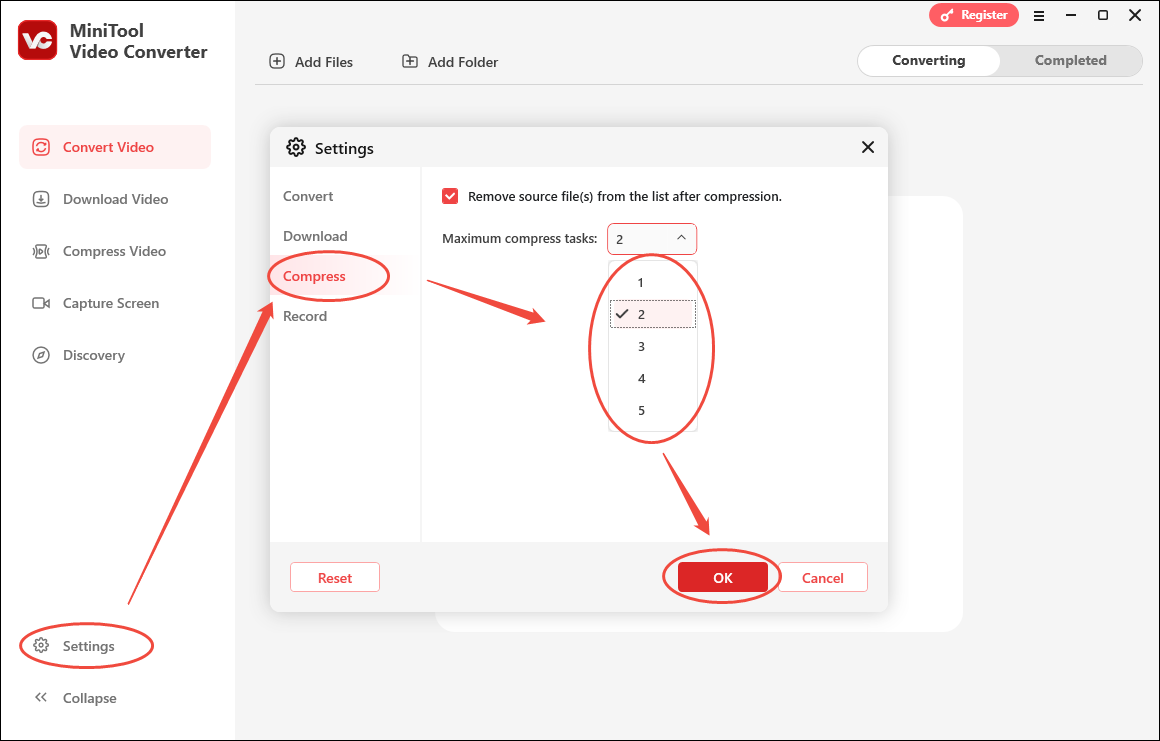 Configure the maximum compression tasks in the Settings window of MiniTool Video Converter
