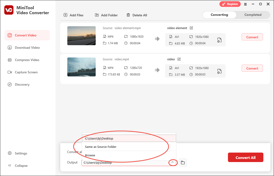 Expand the Output option in MiniTool Video Converter’s Convert Video module to choose a saving path for your converted files