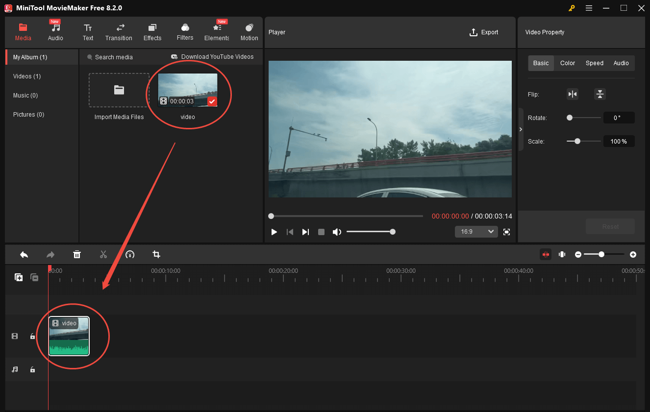 Add the Snapchat video to the timeline in MiniTool MovieMaker
