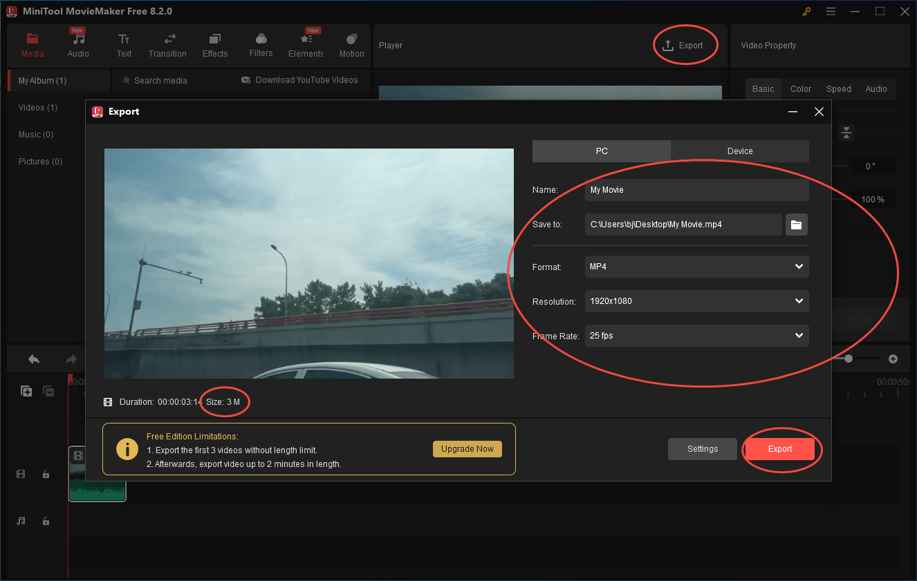 Configure the compression settings and click on Export in MiniTool MovieMaker to begin the compression tasks