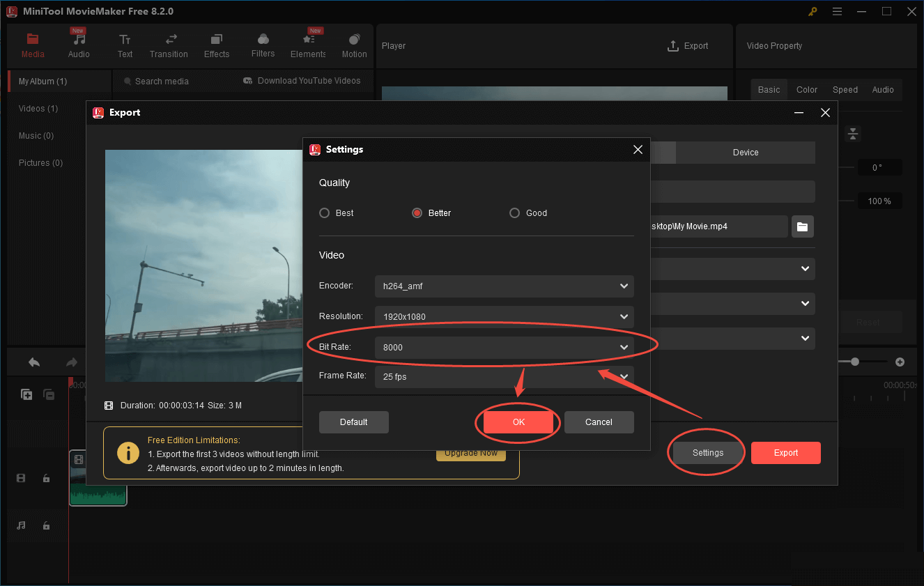Choose the bitrate you want in the Settings window of MinITool MovieMaker