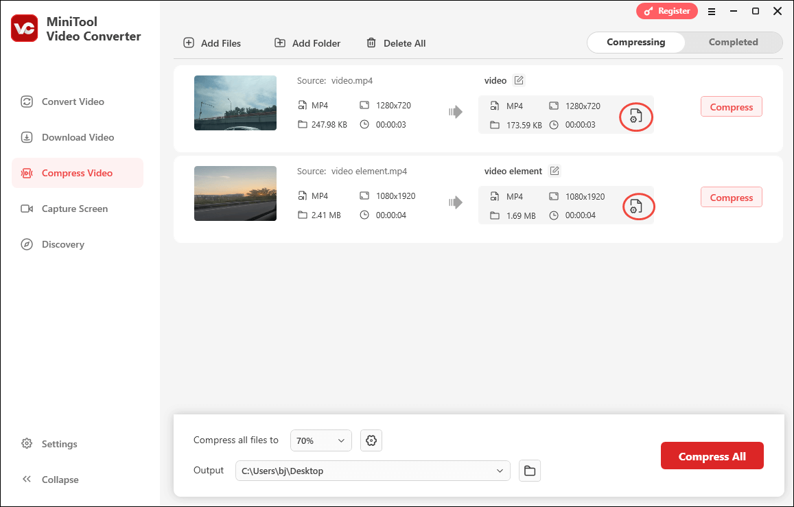 Click on the Settings icon in MiniTool Video Converter’s Compress Video to enter the Compression Settings window