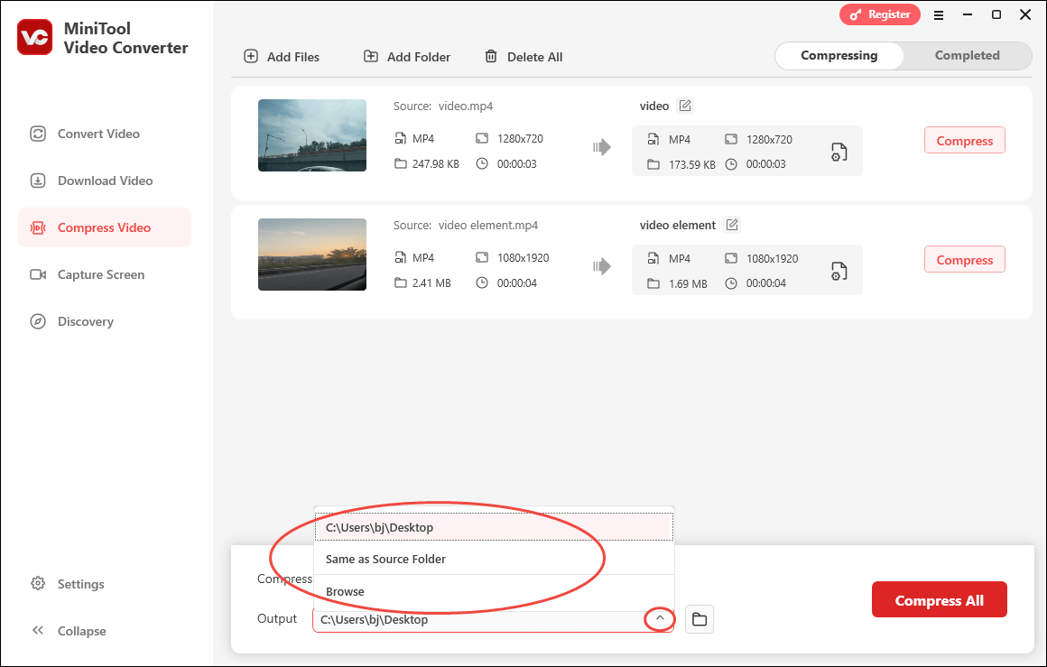 Expand the Output option in MiniTool Video Converter’s Compress Video to choose a destination folder for your compressed files