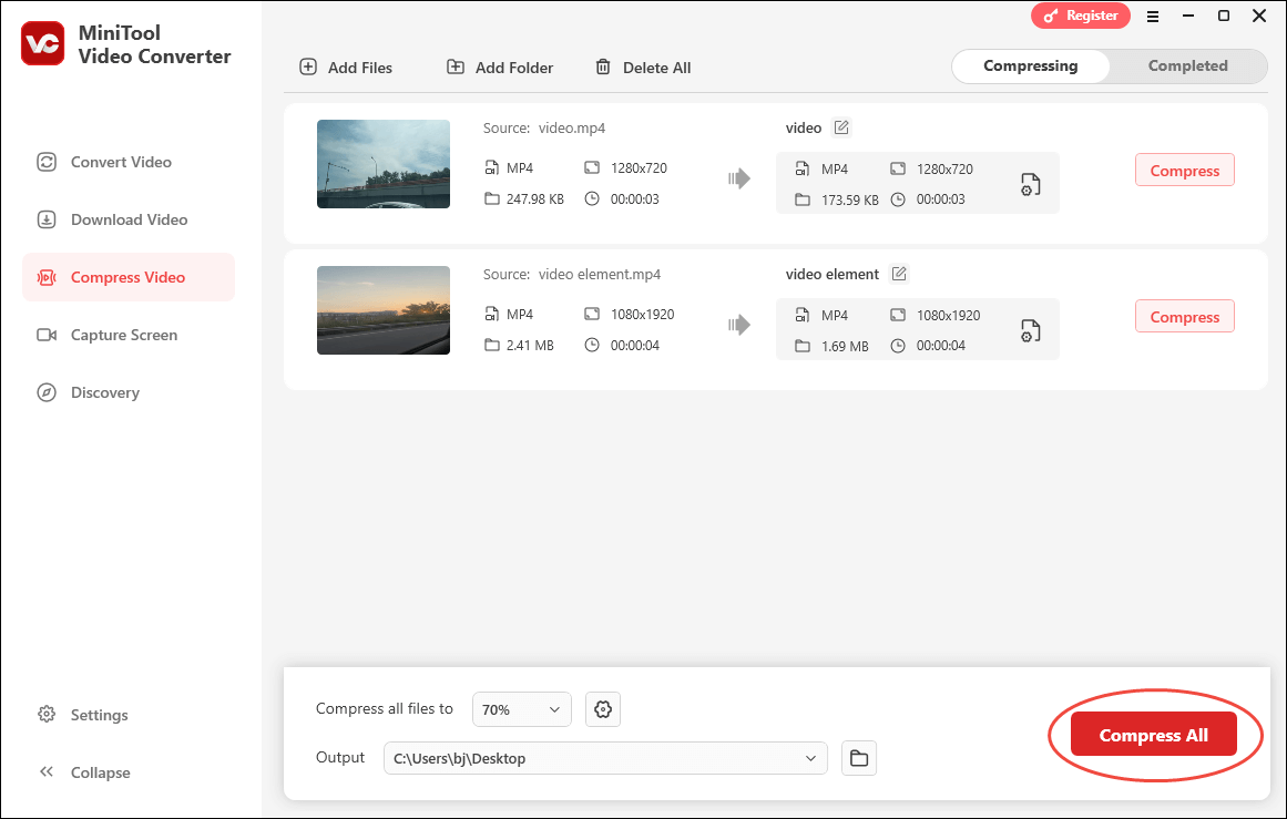 Click on Compress All in MiniTool Video Converter to begin the compression process