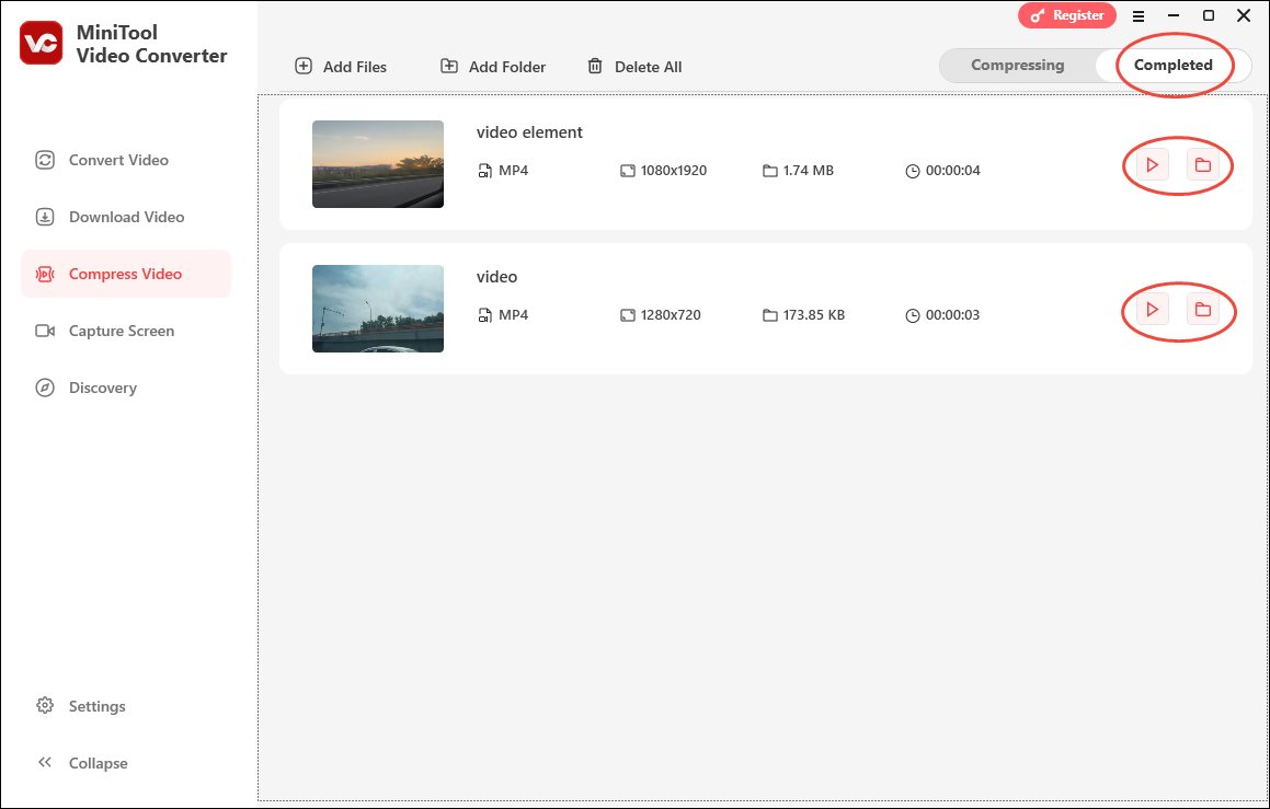 Click on the Play icon or the Folder icon in MiniTool Video Converter’s Compress Video to view or locate the compressed files