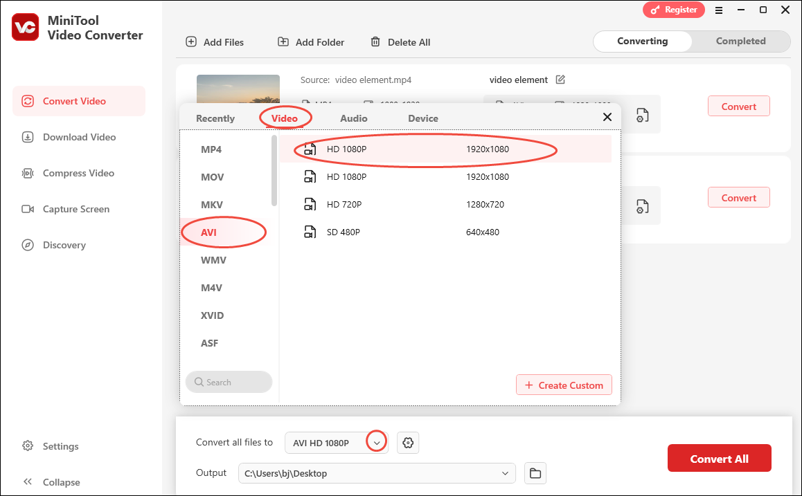 Expand the Convert all files to option in MiniTool Video Converter and choose AVI HD 1080P as the output format