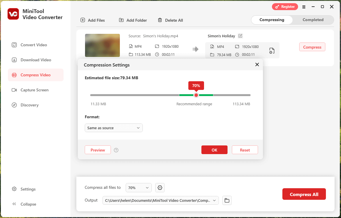 Compress a video in MiniTool Video Converter