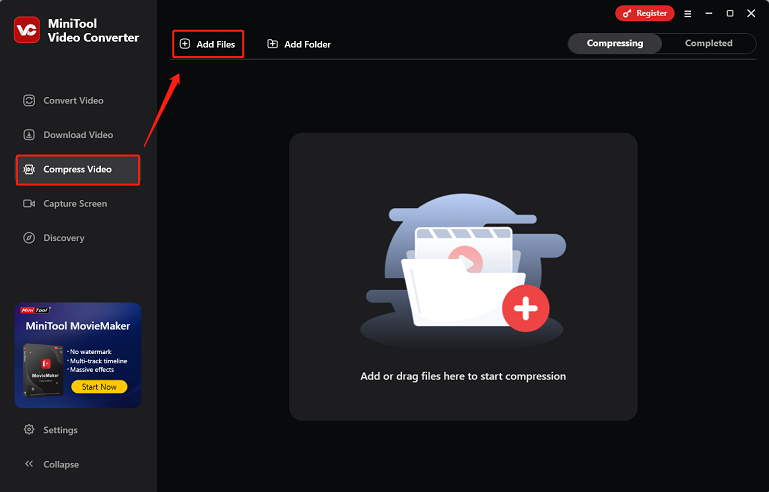 Go to the Compress Video section and click the Add Files button to add the video you want to compress in MiniTool Video Converter