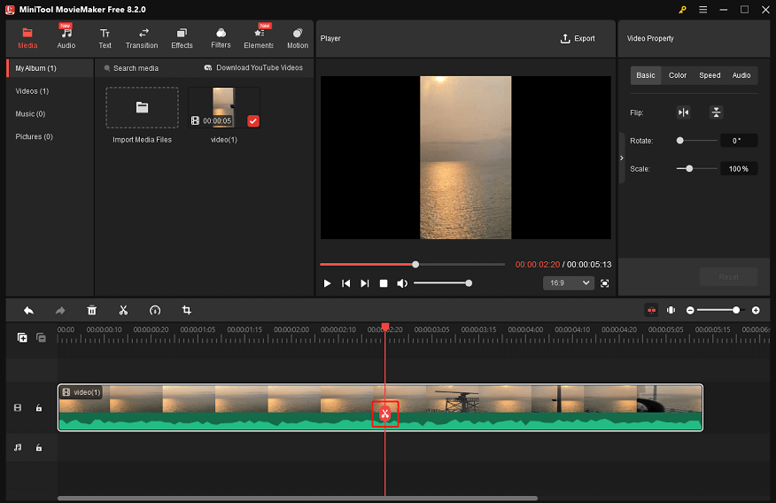 Drag the playhead to the desired place, click the scissors icon to split the video, and delete the unwanted part in MiniTool MovieMaker