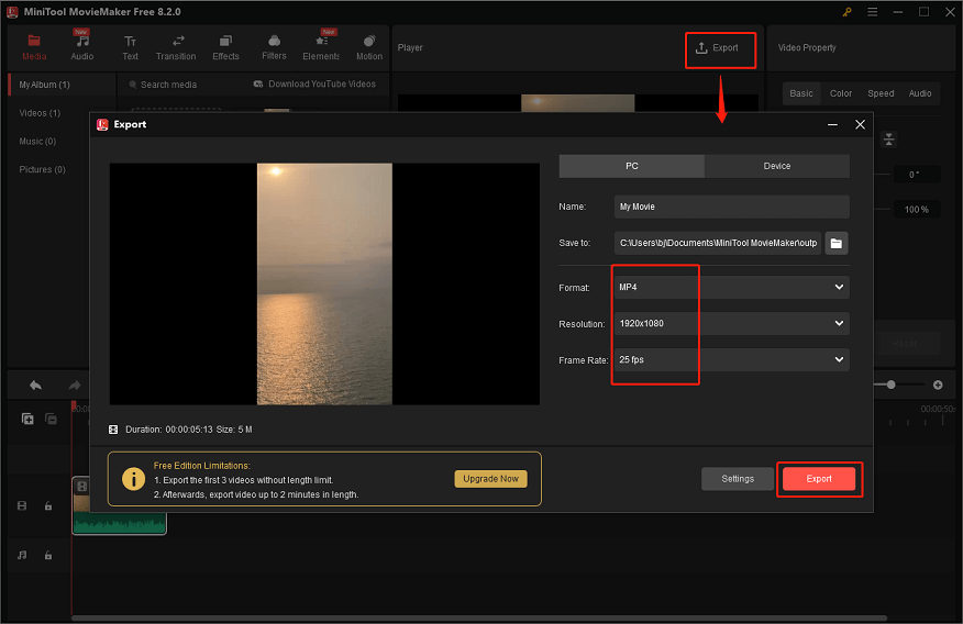Set the parameters as you prefer and click the Export button in MiniTool MovieMaker to export the video