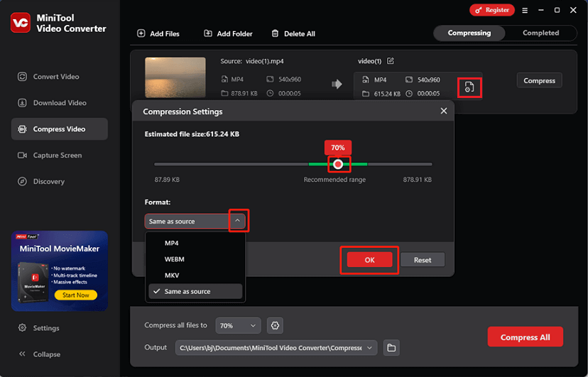 Set the compression settings and output format in MiniTool Video Converter