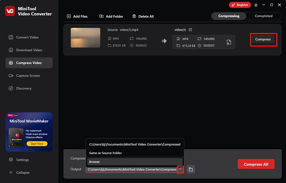 Select an output destination and click Compress to start compression in MiniTool Video Converter