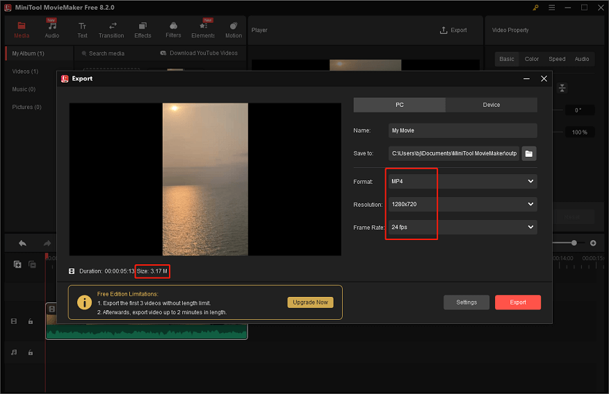 Adjust resolution, format, and frame rate in MiniTool MovieMaker’s Export window to compress the video for Telegram