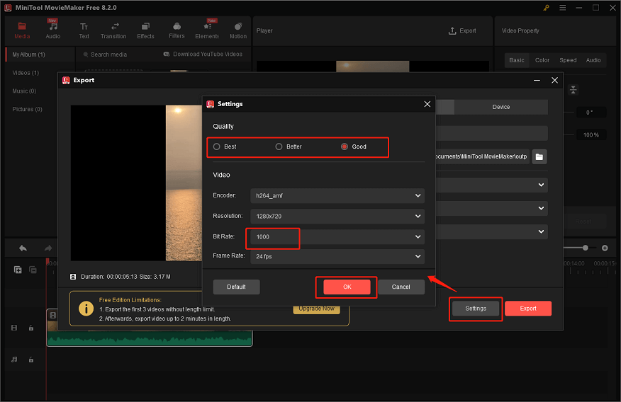 Click the Settings icon to further compress the video in MiniTool MovieMaker