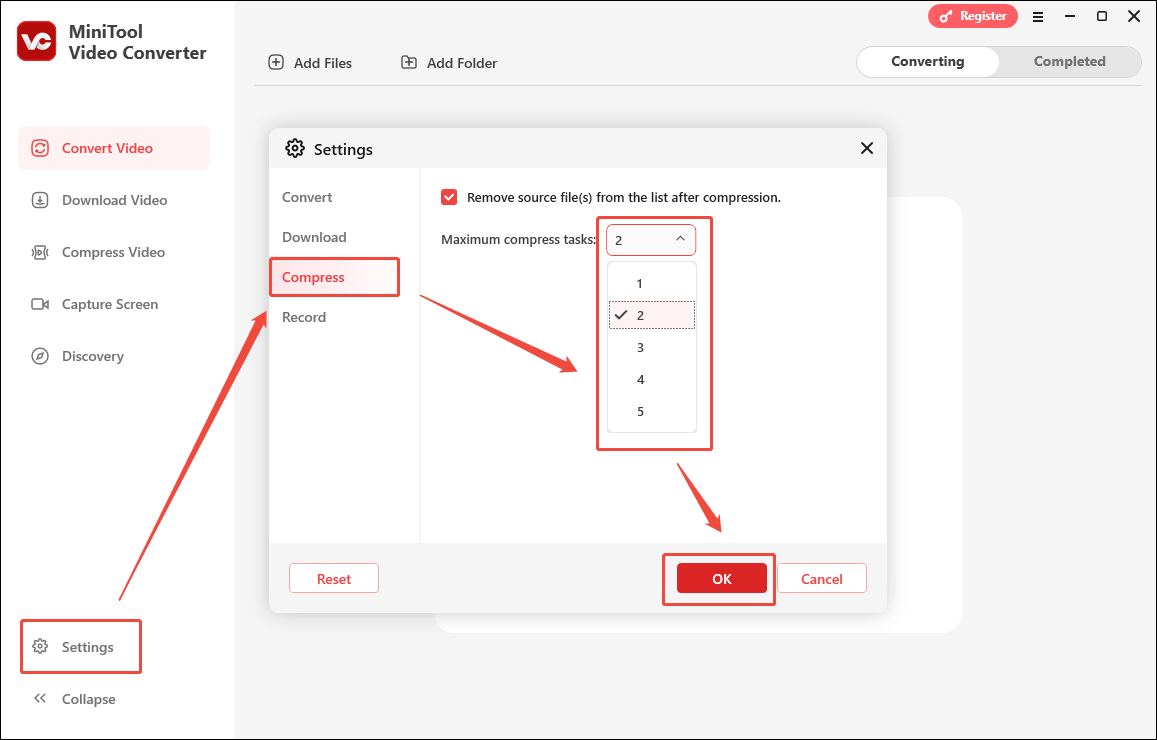 Configure the maximum compression tasks in the Settings window of MiniTool Video Converter
