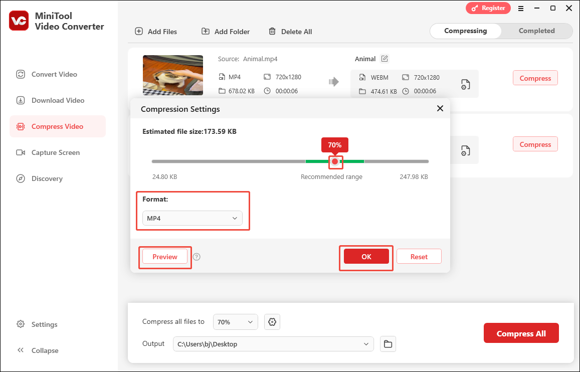 Configure the compression settings in the Compression Settings window of MiniTool Video Converter