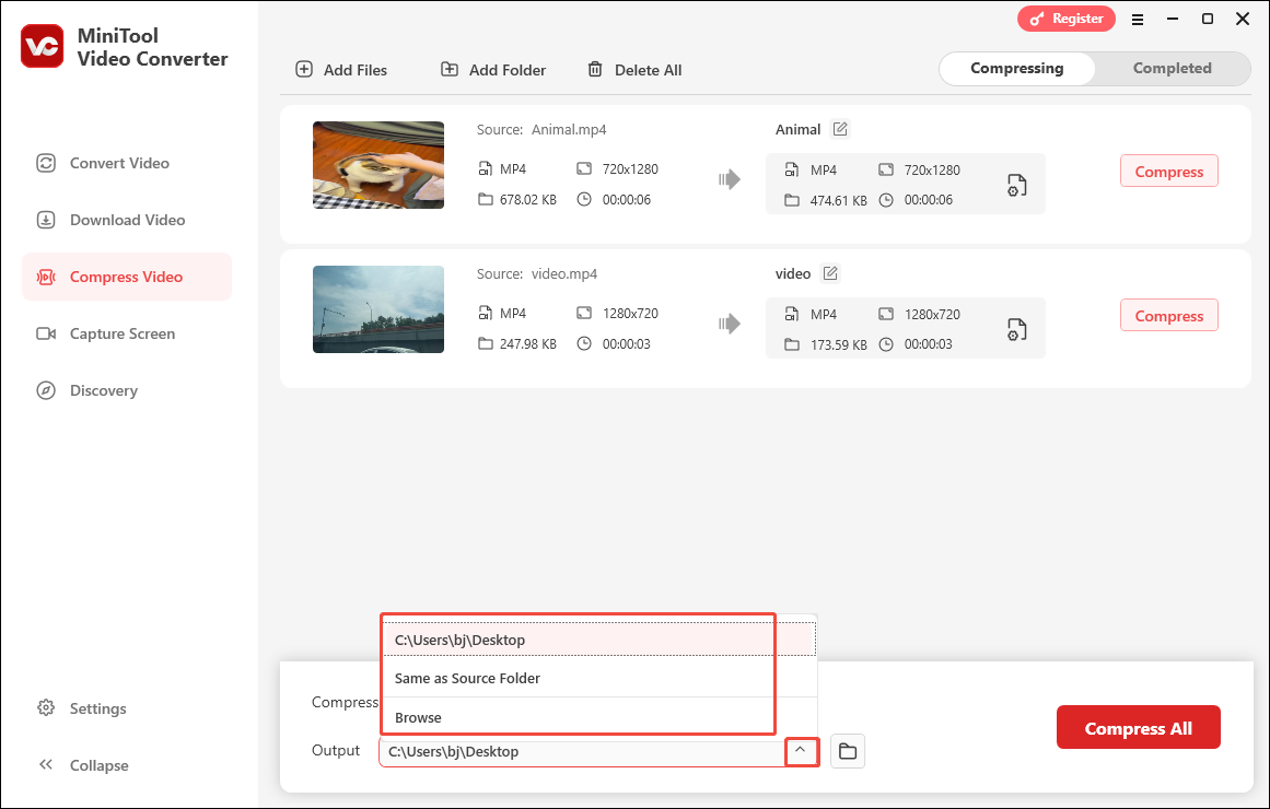 Expand the Output option in MiniTool Video Converter to choose a saving path for your compressed files