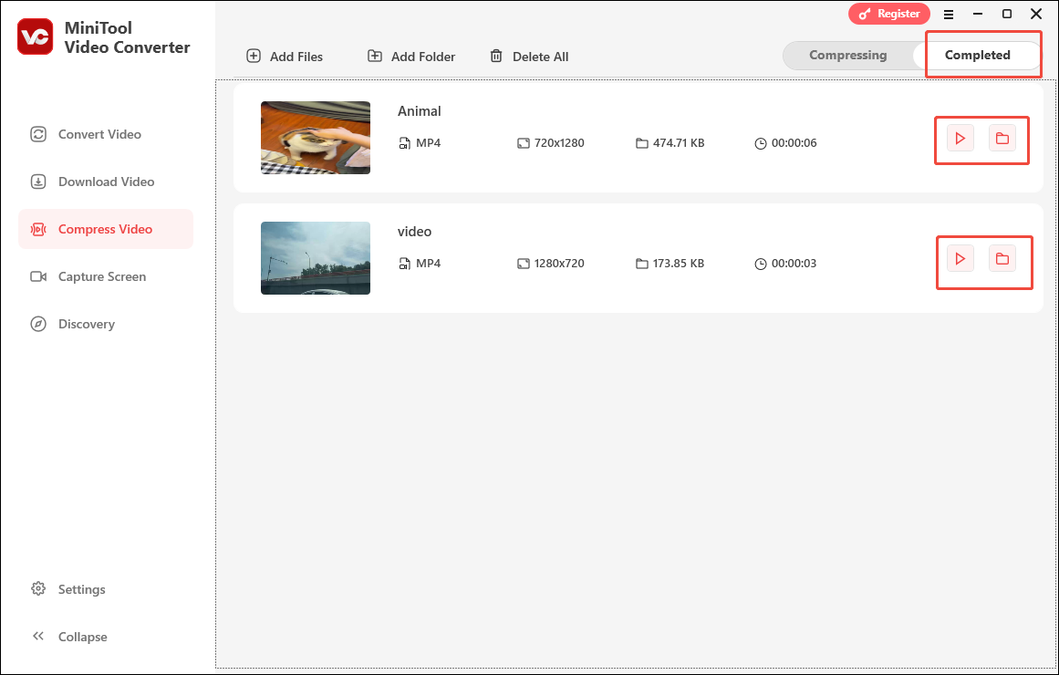 Click on the Folder icon or the Play icon in MiniTool Video Converter to locate or play the compressed files