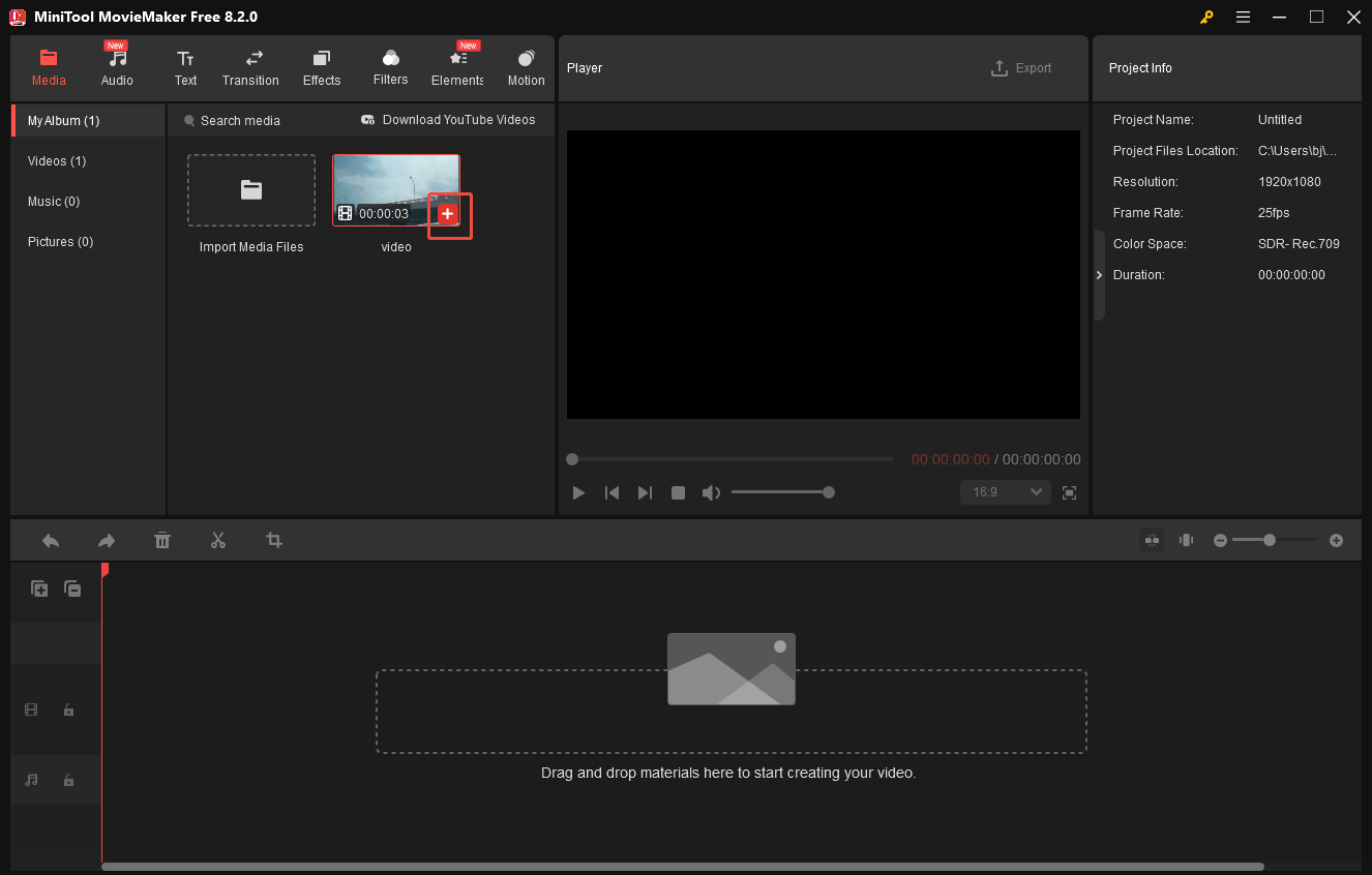 Click on the plus icon to add your TikTok video to the timeline of MiniTool MovieMaker