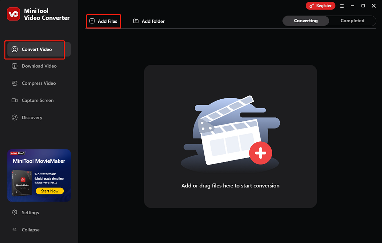 Go to MiniTool Video Converter’s Convert Video section and click the Add Files option to import the target video to MiniTool Video Converter