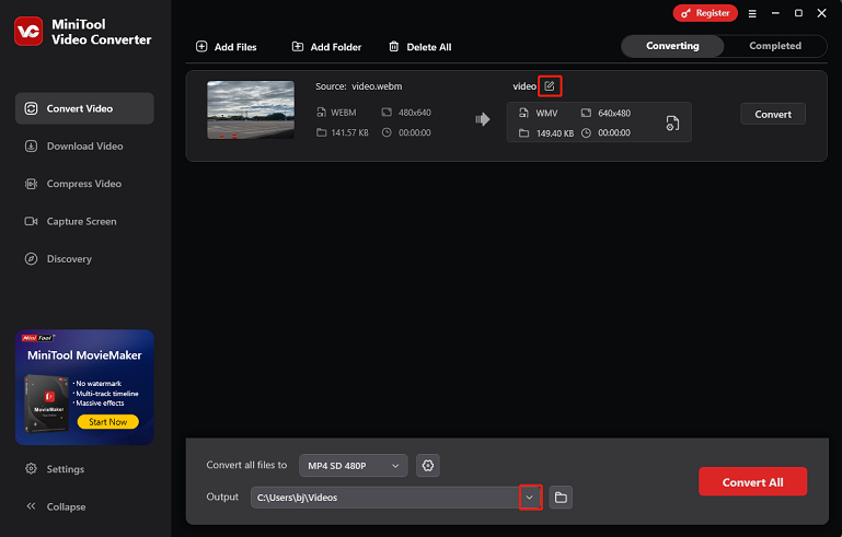 Click the Edit icon next to the target file name to rename the output video and expand the Output option at the bottom to choose an output folder in MiniTool Video Converter