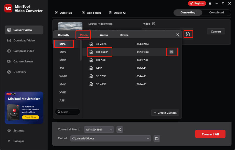 Select MP4 and the 4K Video resolution in MiniTool Video Converter