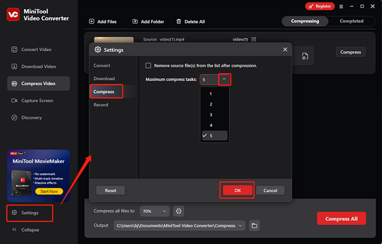 Set the maximum batch compression number in MiniTool Video Converter’s Settings window