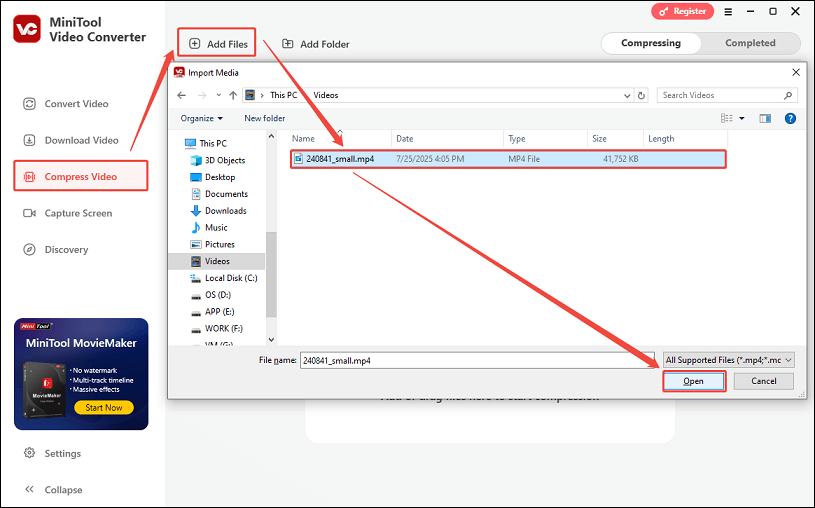 Go to Compress Video, click on Add Files, select the video, and click Open to import the video to MiniTool Video Converter