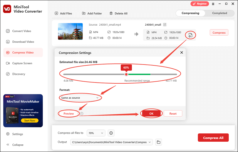 Click the settings icon to access the Compression Settings window and adjust the compression settings in MiniTool Video Converter