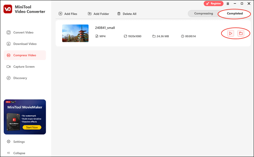 Play the video by clicking the play icon or check the video by clicking the folder icon in MiniTool Video Converter