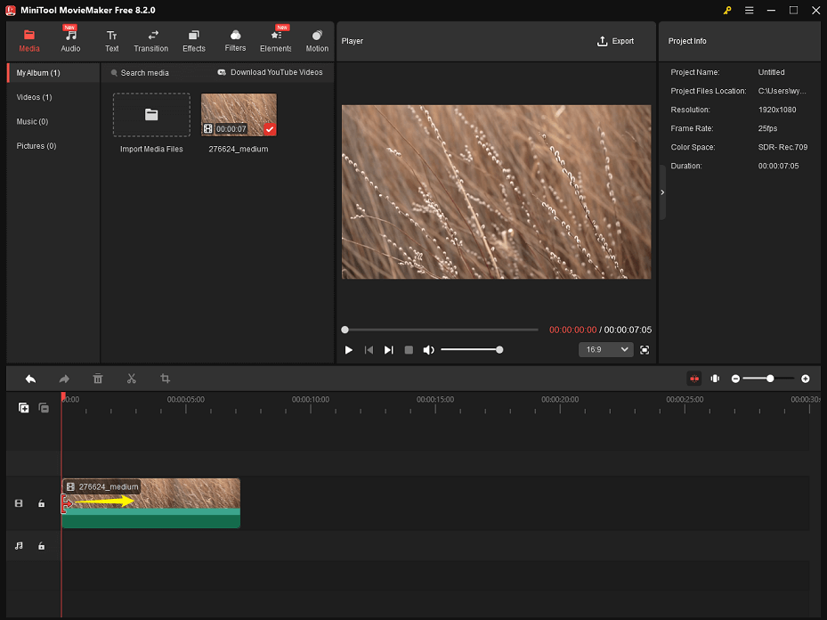 Drag the arrow rightwards to trim the beginning of the clip in MiniTool MovieMaker