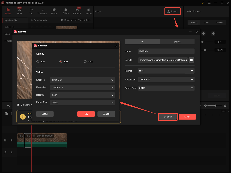 Adjust the export settings and start exporting the video to your device in MiniTool MovieMaker