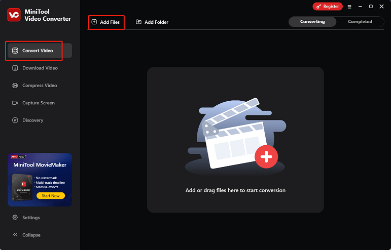 Click the Add Files button to import the target video into MiniTool Video Converter’s Convert Video section