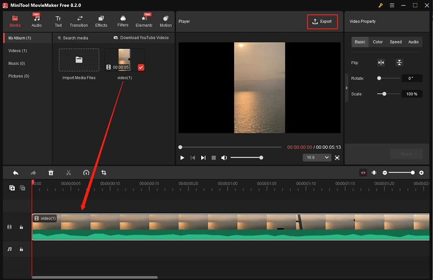 Drag and drop the video to the timeline and click Export at the top right of the Player window to access the Export window in MiniTool MovieMaker